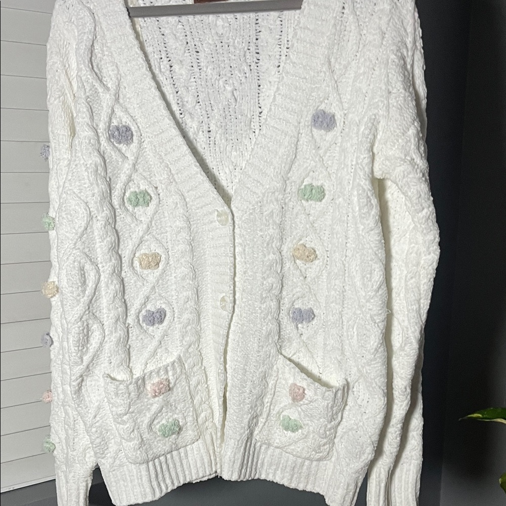 POL White Cable Knit Cardigan with Pastel Details - Picture 2 of 6